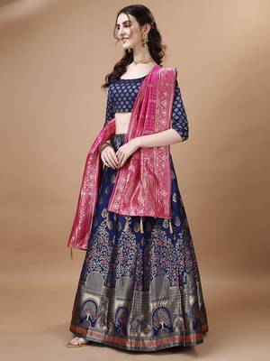 Blue & Pink Semi-Stitched Lehenga & Unstitched Blouse With Dupatta 2