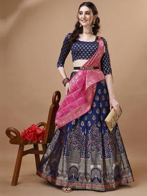 Blue & Pink Semi-Stitched Lehenga & Unstitched Blouse With Dupatta 3