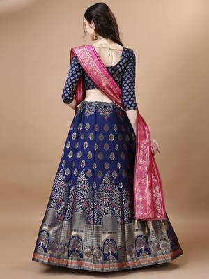 Blue & Pink Semi-Stitched Lehenga & Unstitched Blouse With Dupatta 4