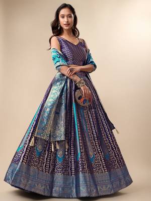 Navy Blue Brocade Zari Woven Designer Wedding Lehenga Choli 1