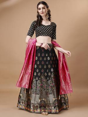 Black & Pink Semi-Stitched Lehenga & Unstitched Blouse With Dupatta 1