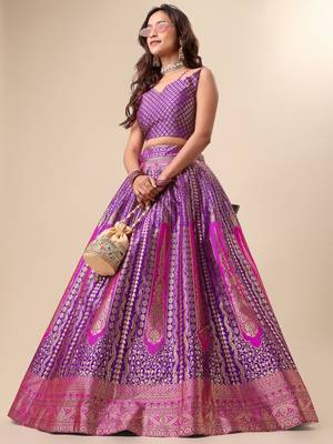 Purple Brocade Jacquard Work Ready-To-Wear Lehenga Choli Set - Semi-Stitched 1