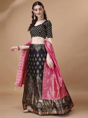 Black & Pink Semi-Stitched Lehenga & Unstitched Blouse With Dupatta 2
