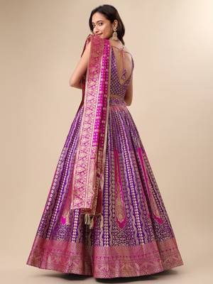 Purple Brocade Jacquard Work Ready-To-Wear Lehenga Choli Set - Semi-Stitched 2