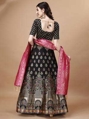 Black & Pink Semi-Stitched Lehenga & Unstitched Blouse With Dupatta 4