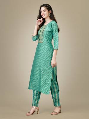 Women's turquoise heavy rayon 14 kgs embroidery kurti with pant 2