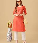 Women's coral cotton magic slub embroidery & sequence work kurti with pant