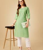 Women's light green cotton magic slub embroidery & sequence work kurti with pant