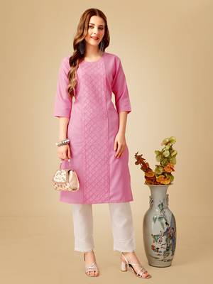 Women's pink cotton magic slub embroidery & sequence work kurti with pant 1