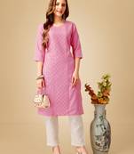 Women's pink cotton magic slub embroidery & sequence work kurti with pant