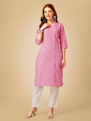 Women's pink cotton magic slub embroidery & sequence work kurti with pant 2