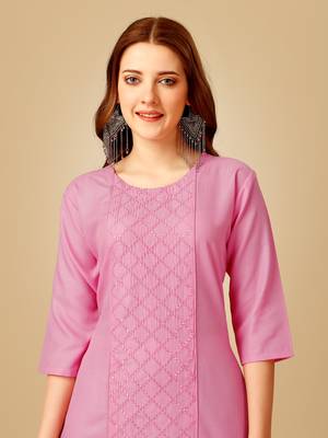 Women's pink cotton magic slub embroidery & sequence work kurti with pant 3
