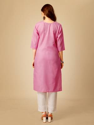 Women's pink cotton magic slub embroidery & sequence work kurti with pant 5