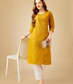 Women's yellow cotton magic slub embroidery & sequence work kurti with pant