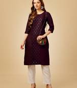 Women's wine cotton magic slub embroidery & sequence work kurti with pant