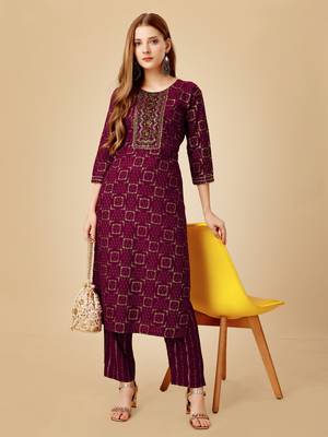 Women's wine heavy rayon 14 kgs embroidery kurti with pant 1