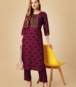 Women's wine heavy rayon 14 kgs embroidery kurti with pant