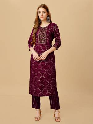 Women's wine heavy rayon 14 kgs embroidery kurti with pant 2