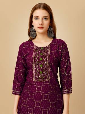 Women's wine heavy rayon 14 kgs embroidery kurti with pant 3
