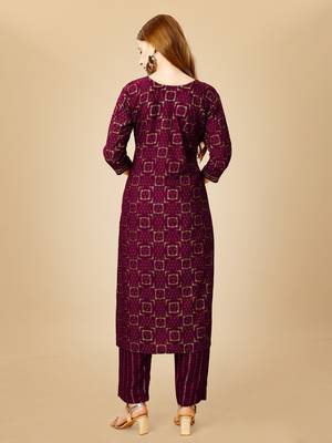 Women's wine heavy rayon 14 kgs embroidery kurti with pant 5
