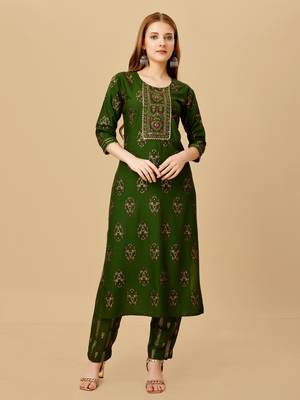 Women's dark green heavy rayon 14 kgs embroidery kurti with pant 2