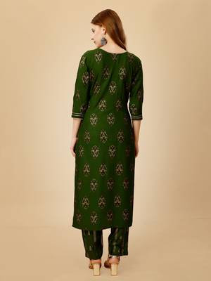 Women's dark green heavy rayon 14 kgs embroidery kurti with pant 5
