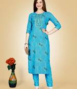 Women's turquoise heavy rayon 14 kgs embroidery kurti with pant