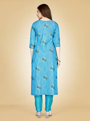 Women's turquoise heavy rayon 14 kgs embroidery kurti with pant 4
