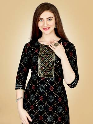 Women's black heavy rayon 14 kgs embroidery kurti with pant 3