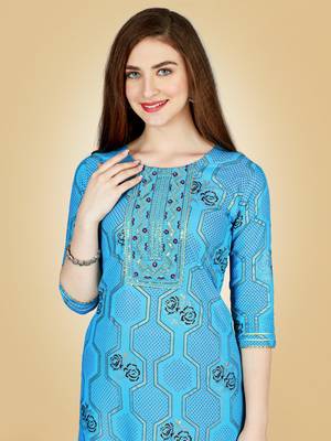 Women's turquoise heavy rayon 14 kgs embroidery kurti with pant 5
