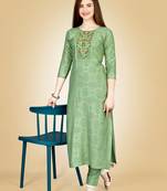 Women's sea green heavy rayon 14 kgs embroidery kurti with pant