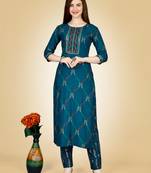 Women's teal heavy rayon 14 kgs embroidery kurti with pant
