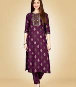Women's purple heavy rayon 14 kgs embroidery kurti with pant