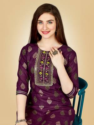 Women's purple heavy rayon 14 kgs embroidery kurti with pant 3