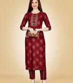 Women's maroon heavy rayon 14 kgs embroidery kurti with pant