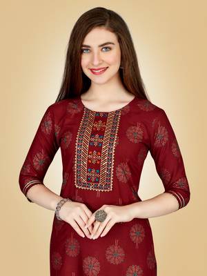 Women's maroon heavy rayon 14 kgs embroidery kurti with pant 3