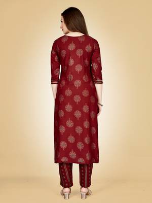 Women's maroon heavy rayon 14 kgs embroidery kurti with pant 5