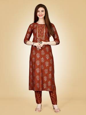 Women's brown heavy rayon 14 kgs embroidery kurti with pant 2