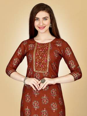 Women's brown heavy rayon 14 kgs embroidery kurti with pant 3
