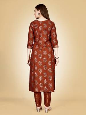 Women's brown heavy rayon 14 kgs embroidery kurti with pant 5