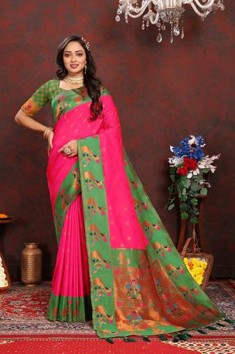 Lookslady Womens New Paithani Silk Pink Color Zari Weaving Saree With Contrast Blouse | Sarees For Womens