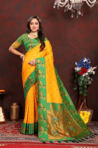 Lookslady Womens New Paithani Silk Yellow Color Zari Weaving Saree With Contrast Blouse | Sarees For Womens