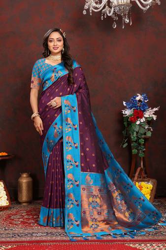 Lookslady Womens New Paithani Silk Wine Color Zari Weaving Saree With Contrast Blouse | Sarees For Womens