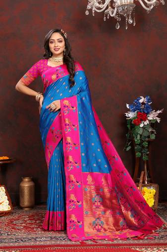 Lookslady Womens New Paithani Silk Sky Blue Color Zari Weaving Saree With Contrast Blouse | Sarees For Womens