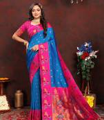 Lookslady Womens New Paithani Silk Sky Blue Color Zari Weaving Saree With Contrast Blouse | Sarees For Womens