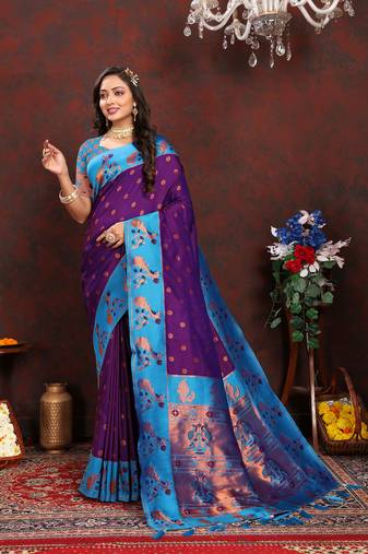 Lookslady Womens New Paithani Silk Purple Color Zari Weaving Saree With Contrast Blouse | Sarees For Womens