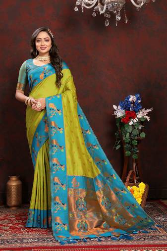 Lookslady Womens New Paithani Silk Lemon Yellow Zari Weaving Saree With Contrast Blouse | Sarees For Womens