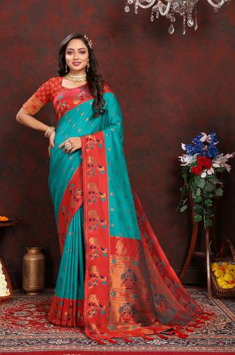 Lookslady Womens New Paithani Silk Turquoise Color Zari Weaving Saree With Contrast Blouse | Sarees For Womens