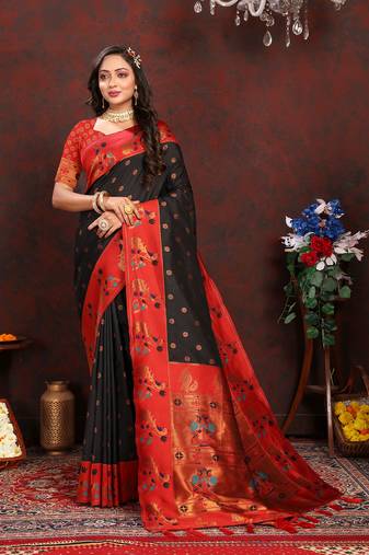 Lookslady Womens New Paithani Silk Black Color Zari Weaving Saree With Contrast Blouse | Sarees For Womens