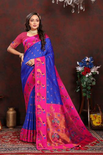 Lookslady Womens New Paithani Silk Royal Blue Zari Weaving Saree With Contrast Blouse | Sarees For Womens